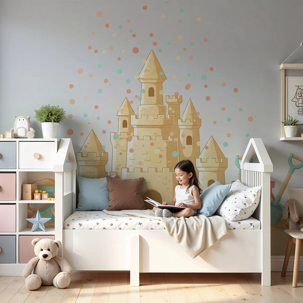 Papel de parede crianç | Castelo de areia colorido com acessórios de praia