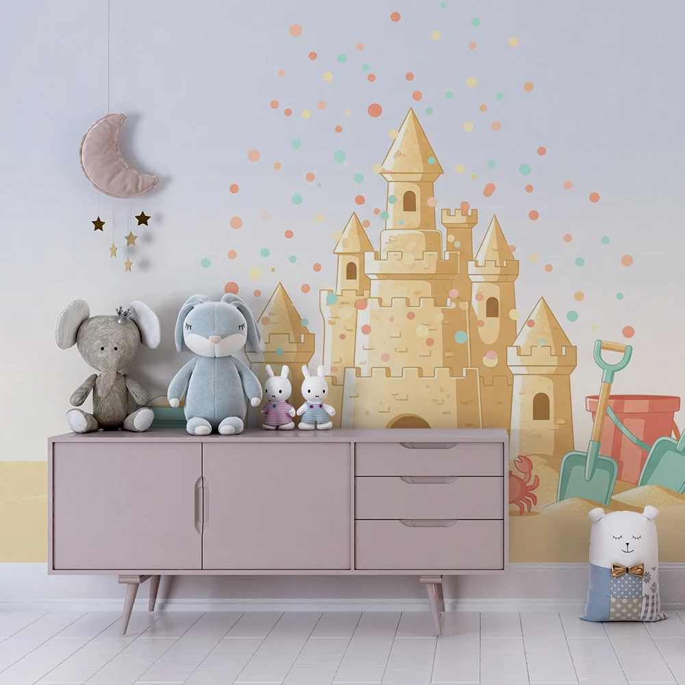 Papel de parede crianç | Castelo de areia colorido com acessórios de praia