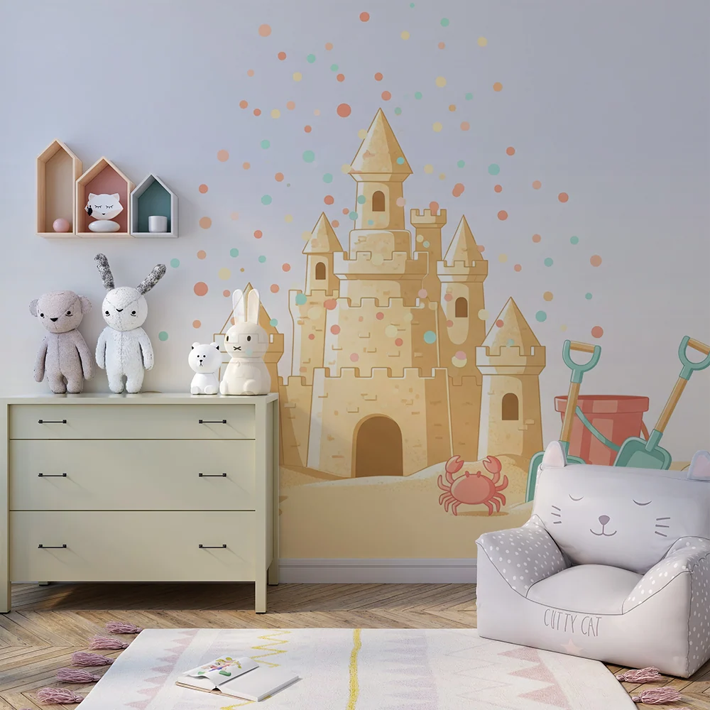 Papel de parede crianç | Castelo de areia colorido com acessórios de praia