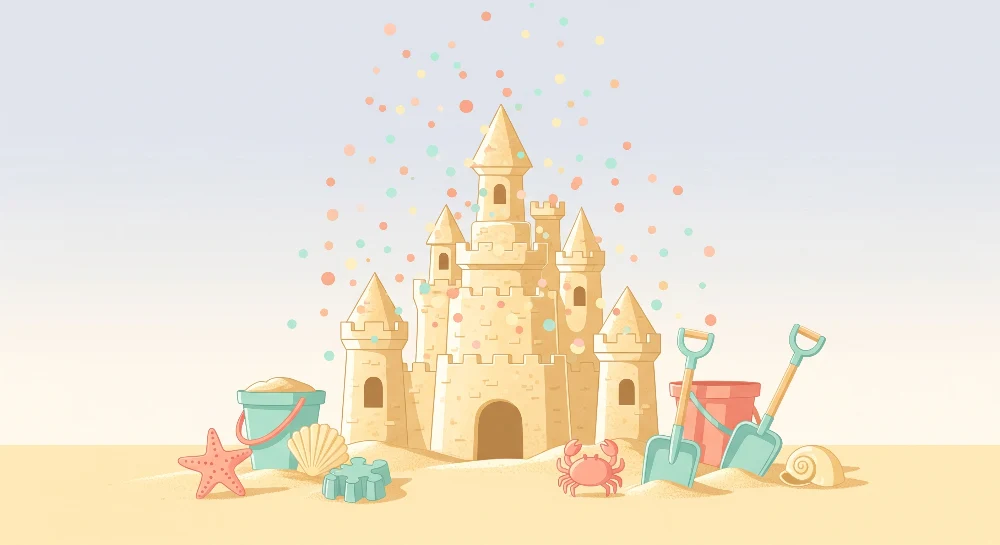 Papel de parede crianç | Castelo de areia colorido com acessórios de praia