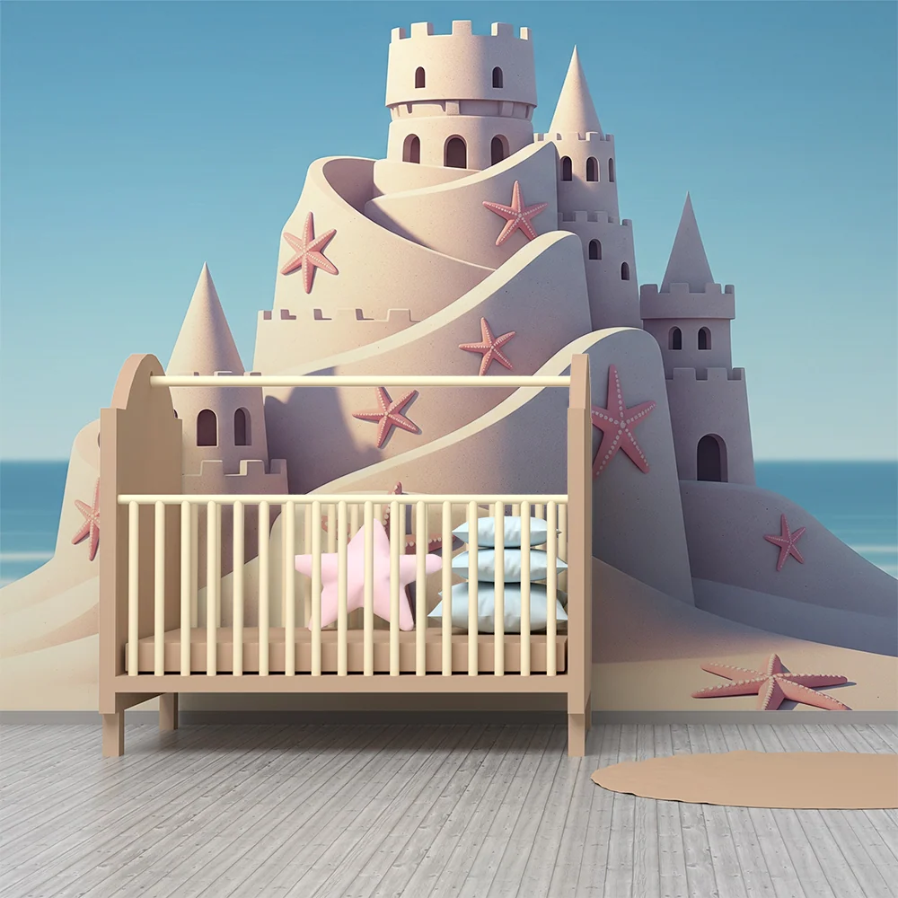 Papel de parede crianç | Castelo de areia com estrelas do mar em fundo do mar