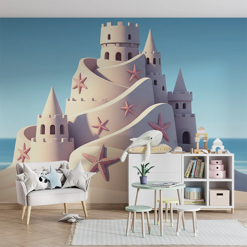 Papel de parede crianç | Castelo de areia com estrelas do mar em fundo do mar