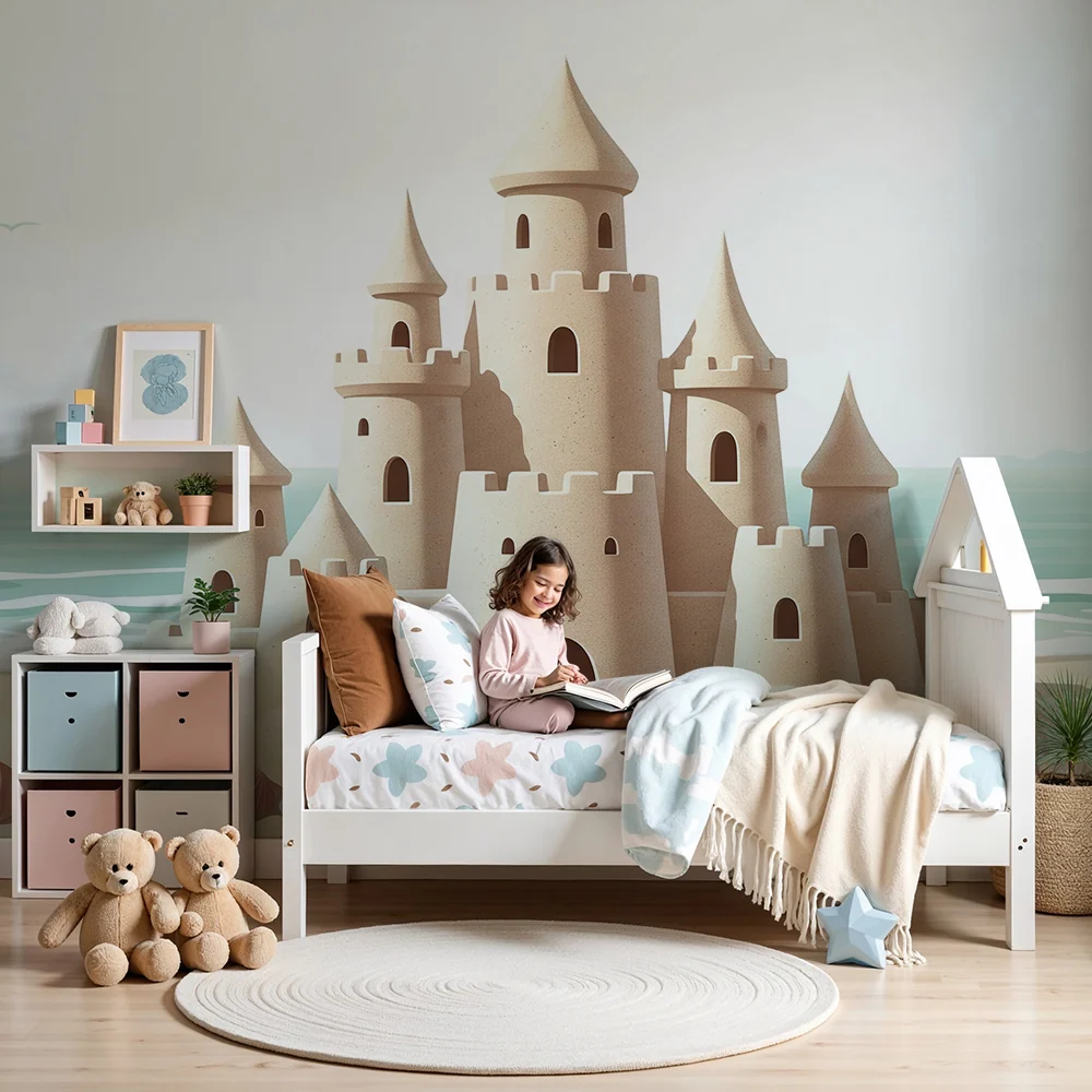 Papel de parede crianç | Castelo de areia e conchas na praia