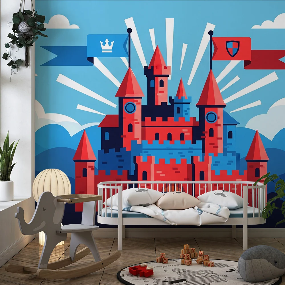 Papel de parede crianç | Castelo colorido com bandeiras e montanhas