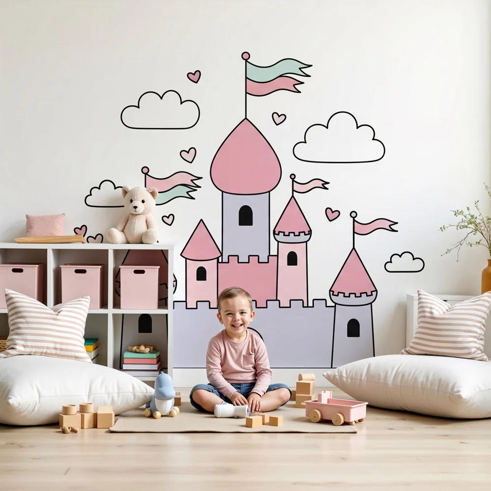 Papel de parede crianç | Castelo de fadas em tons pastel