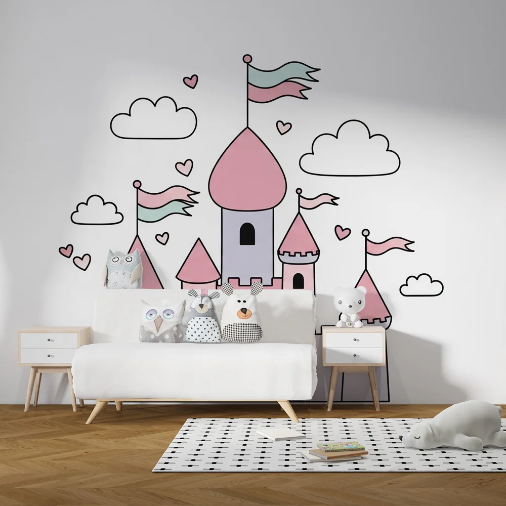 Papel de parede crianç | Castelo de fadas em tons pastel