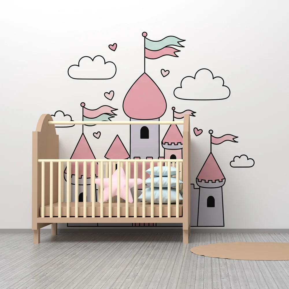 Papel de parede crianç | Castelo de fadas em tons pastel