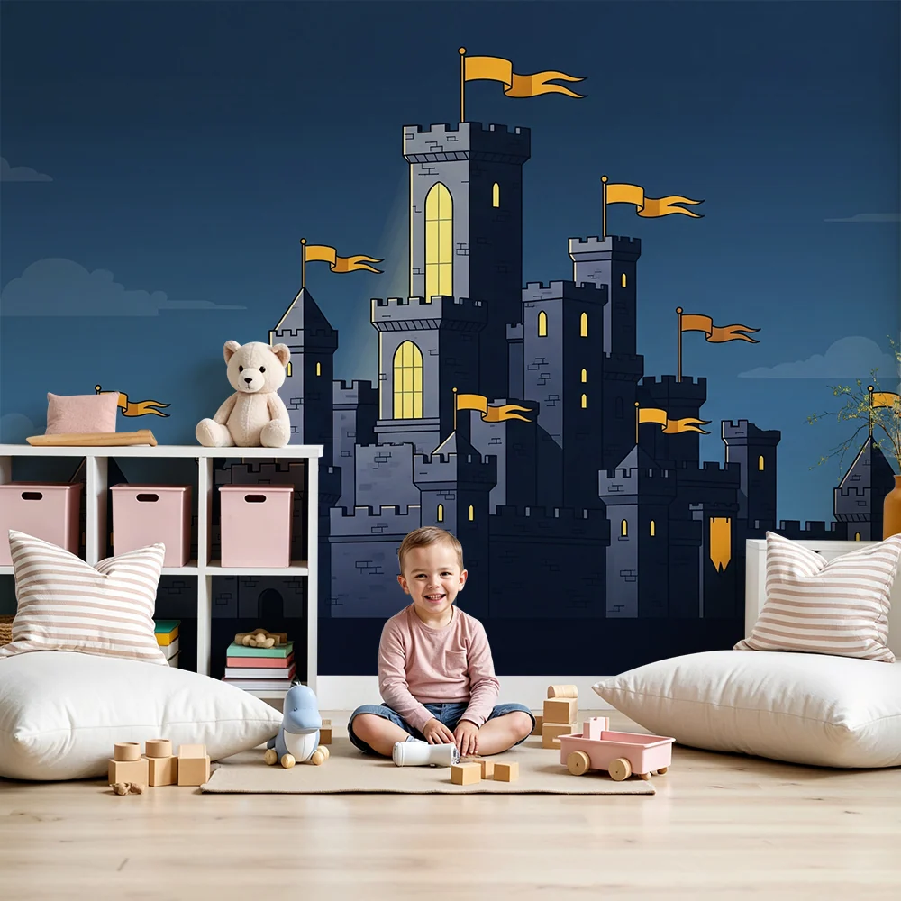 Papel de parede crianç | Castelo medieval com bandeiras flutuantes e céu estrelado