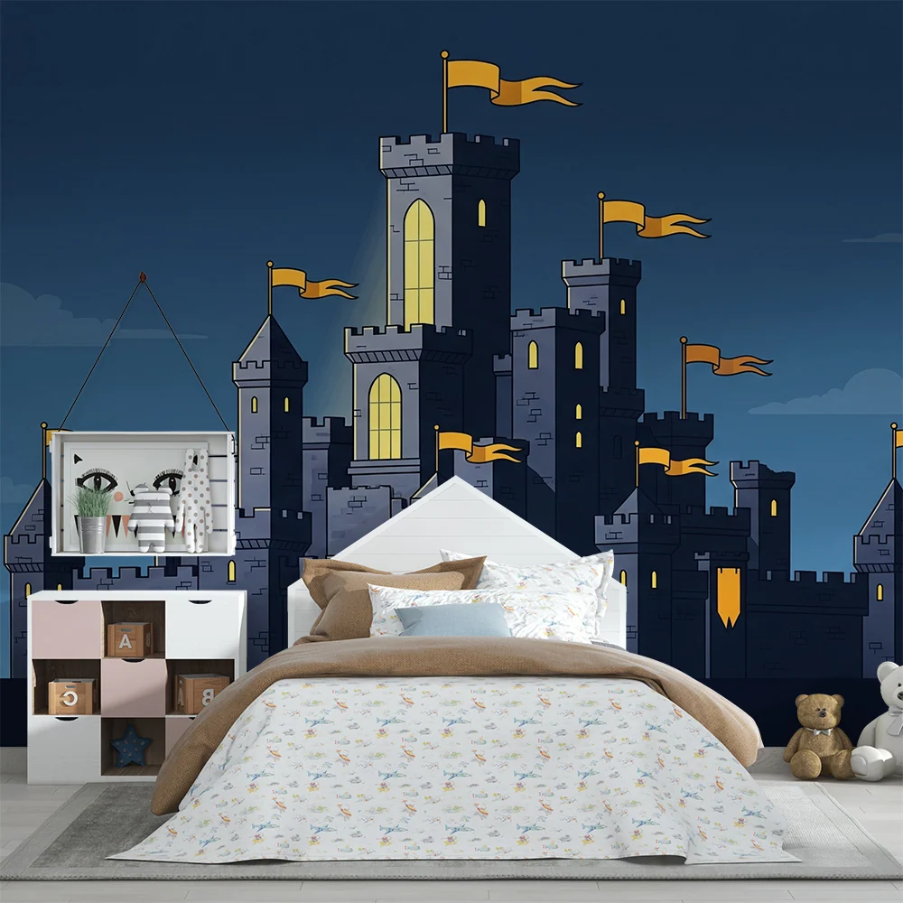 Papel de parede crianç | Castelo medieval com bandeiras flutuantes e céu estrelado