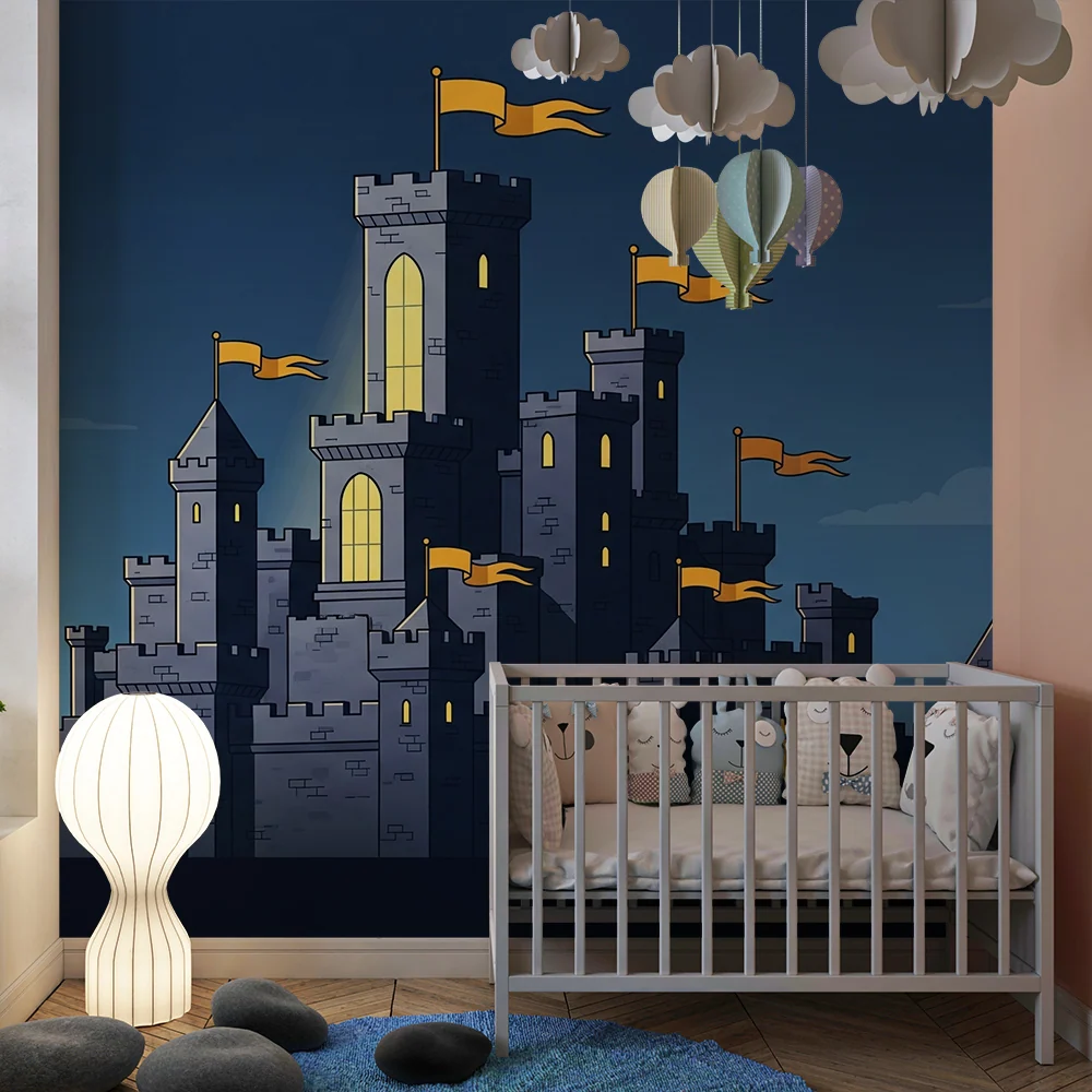 Papel de parede crianç | Castelo medieval com bandeiras flutuantes e céu estrelado