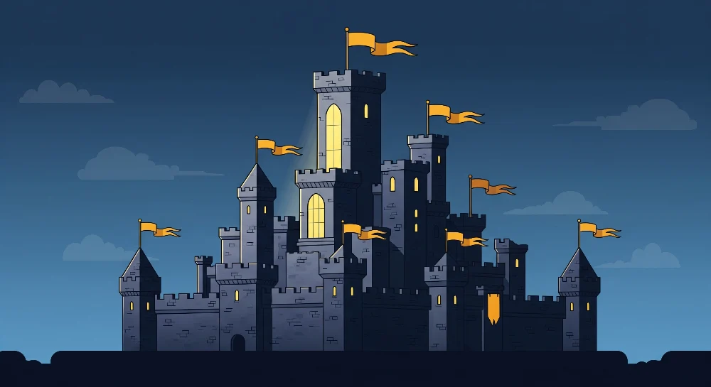 Papel de parede crianç | Castelo medieval com bandeiras flutuantes e céu estrelado