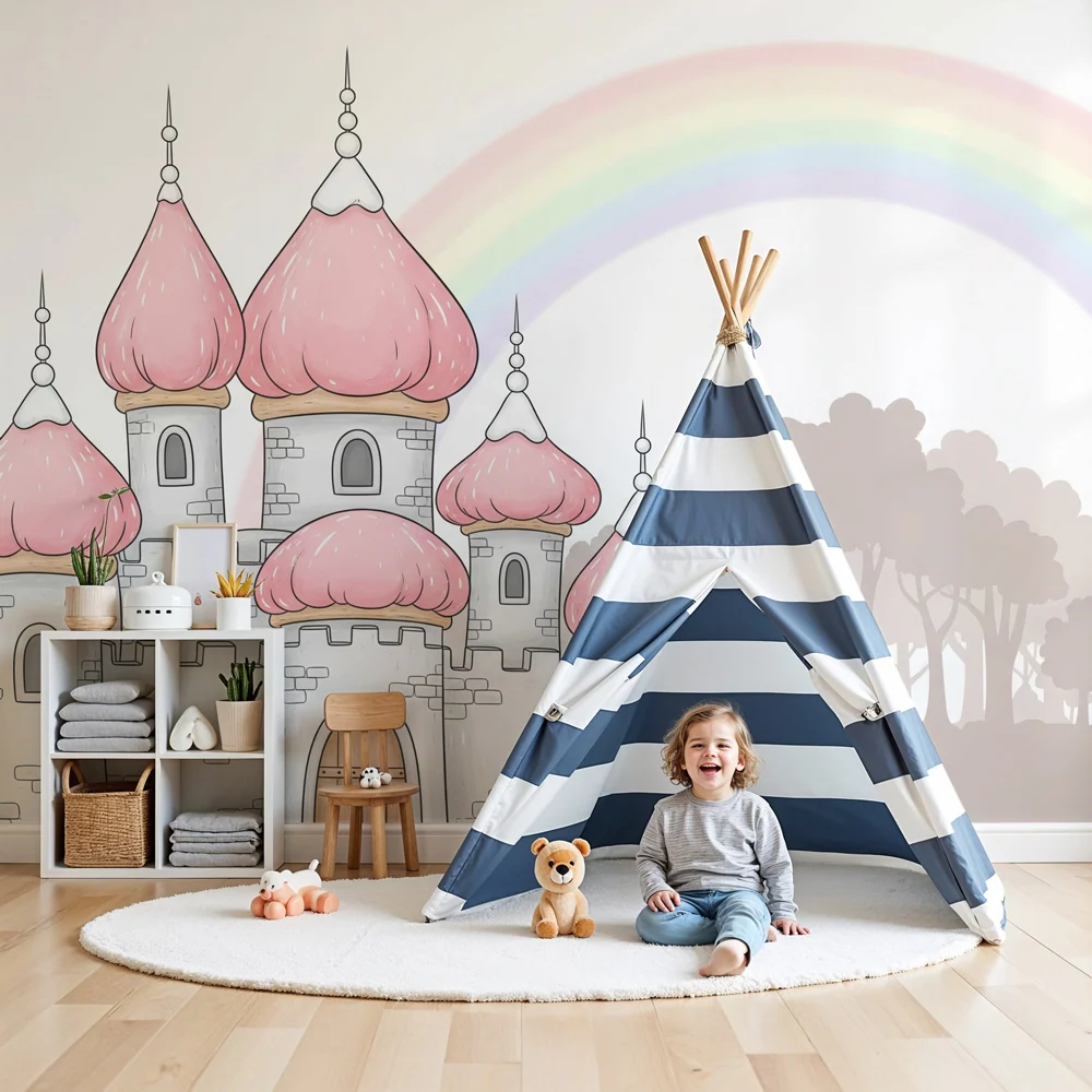 Papel de parede crianç | Castelo mágico e arco-íris
