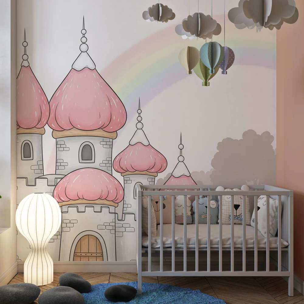 Papel de parede crianç | Castelo mágico e arco-íris