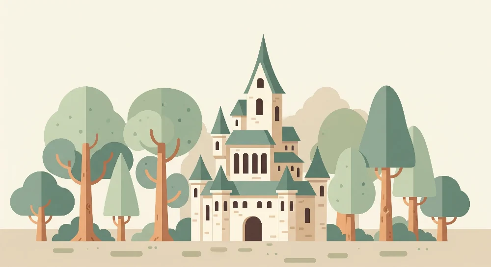 Papel de parede crianç | Castelo mágico cercado por árvores estilizadas