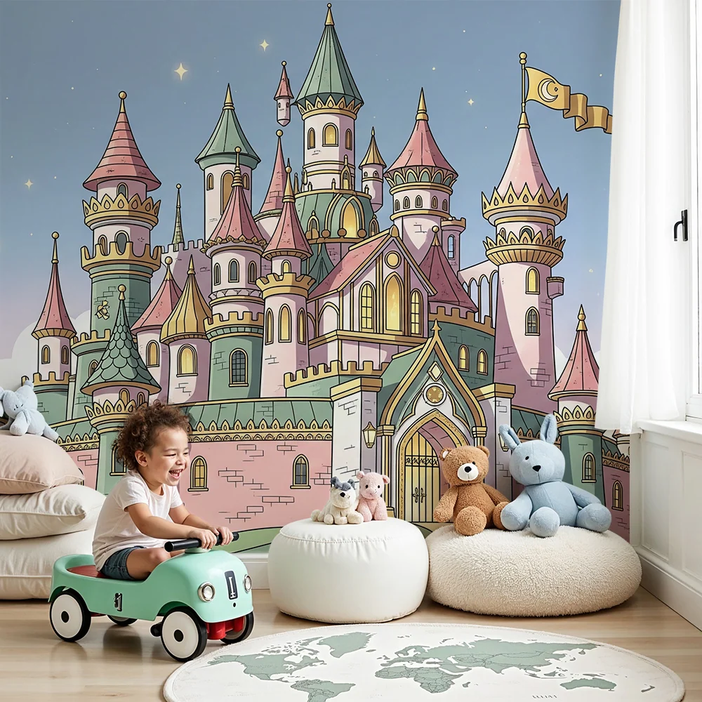 Papel de parede crianç | Castelo mágico com torres coloridas e céu estrelado
