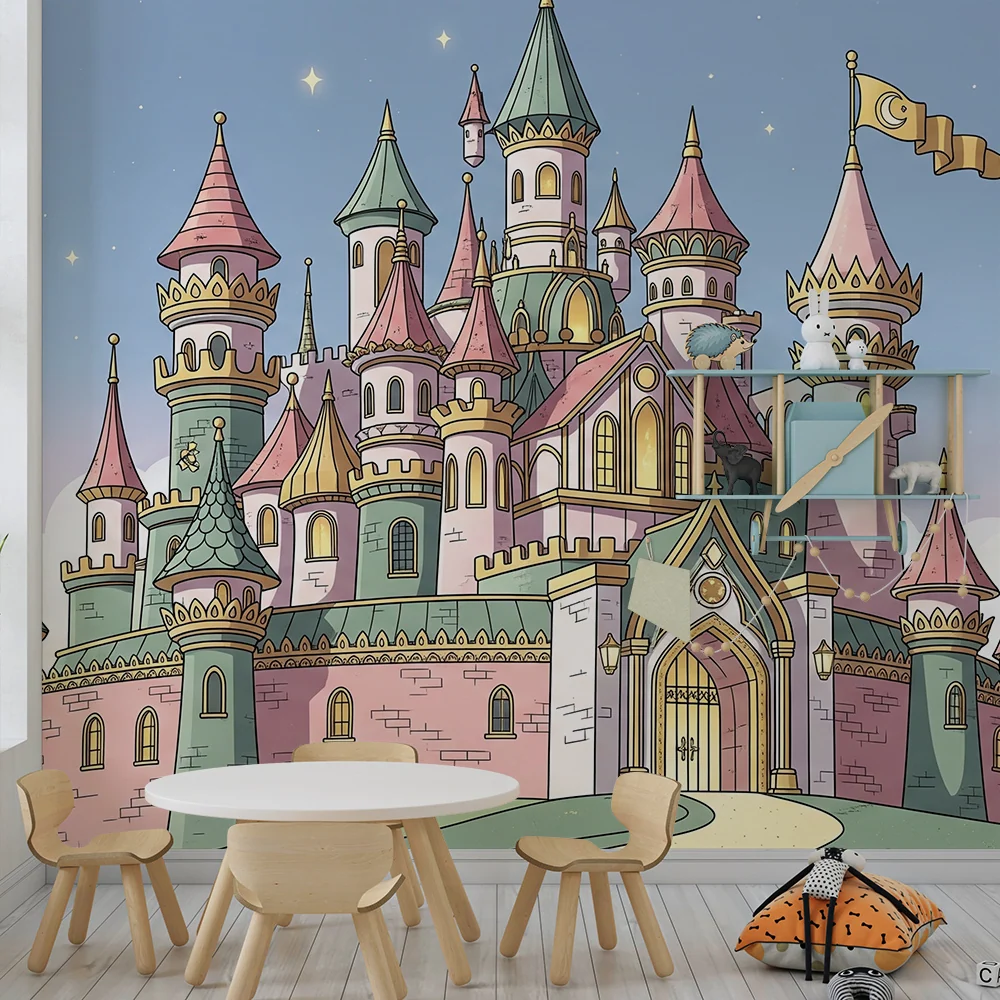 Papel de parede crianç | Castelo mágico com torres coloridas e céu estrelado