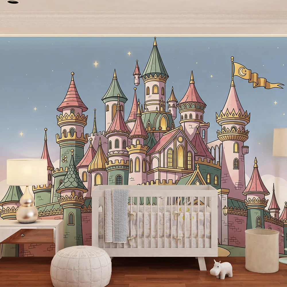Papel de parede crianç | Castelo mágico com torres coloridas e céu estrelado