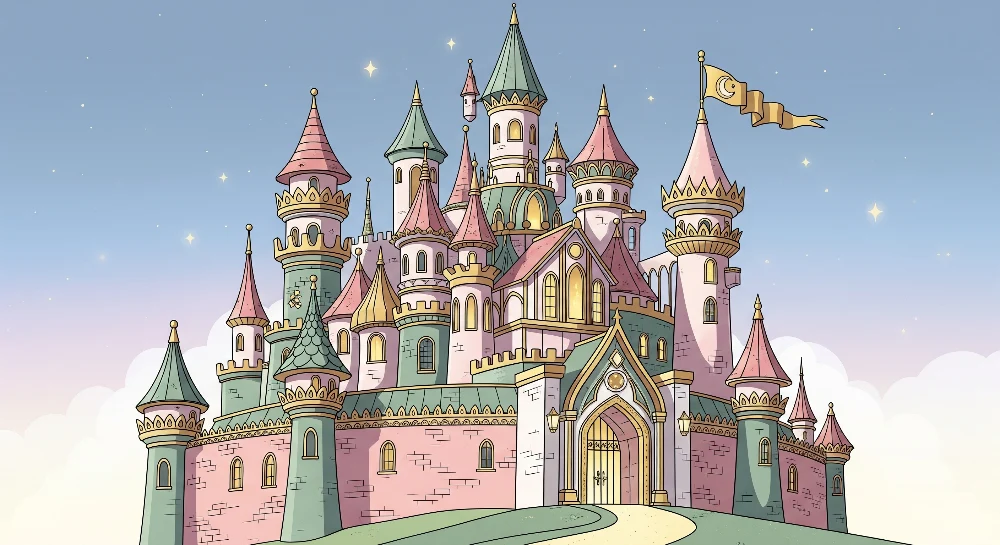 Papel de parede crianç | Castelo mágico com torres coloridas e céu estrelado