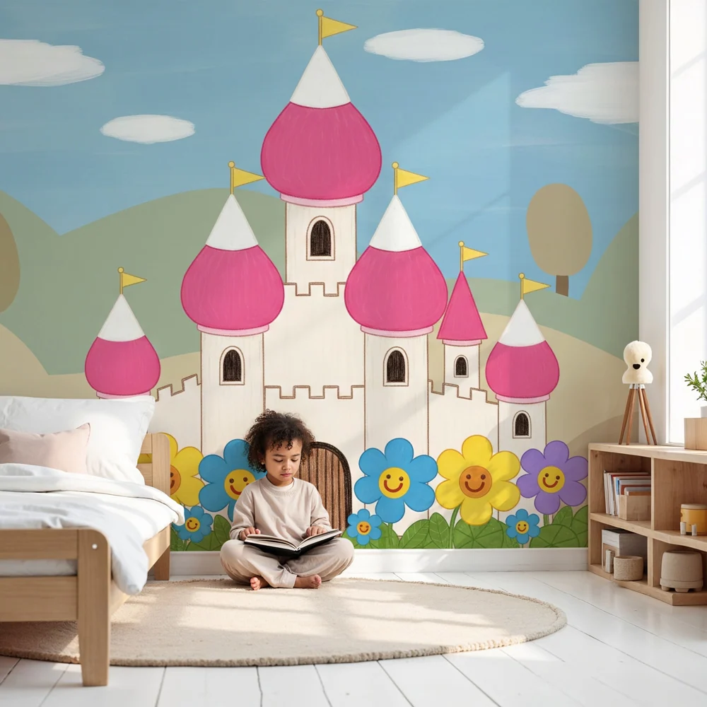 Papel de parede crianç | Castelo mágico e flores sorridentes