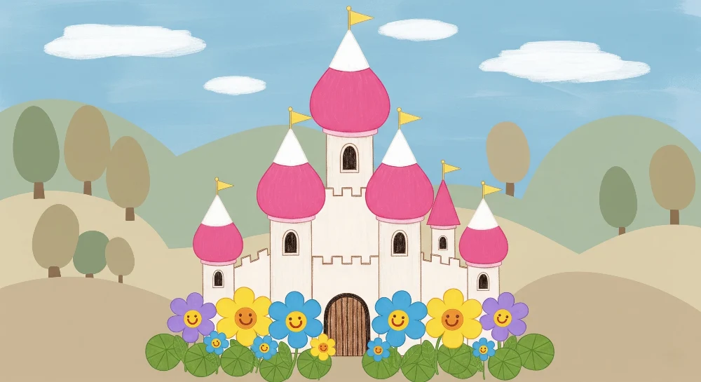 Papel de parede crianç | Castelo mágico e flores sorridentes
