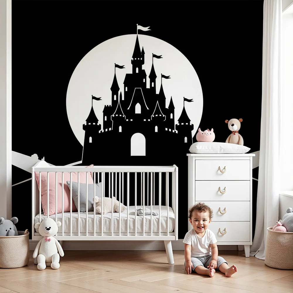 Papel de parede crianç | Castelo mágico em preto e branco