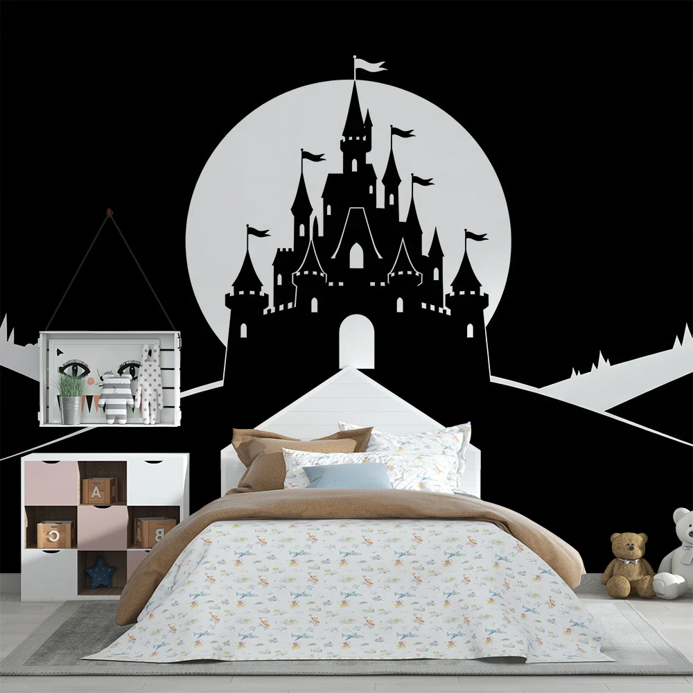 Papel de parede crianç | Castelo mágico em preto e branco