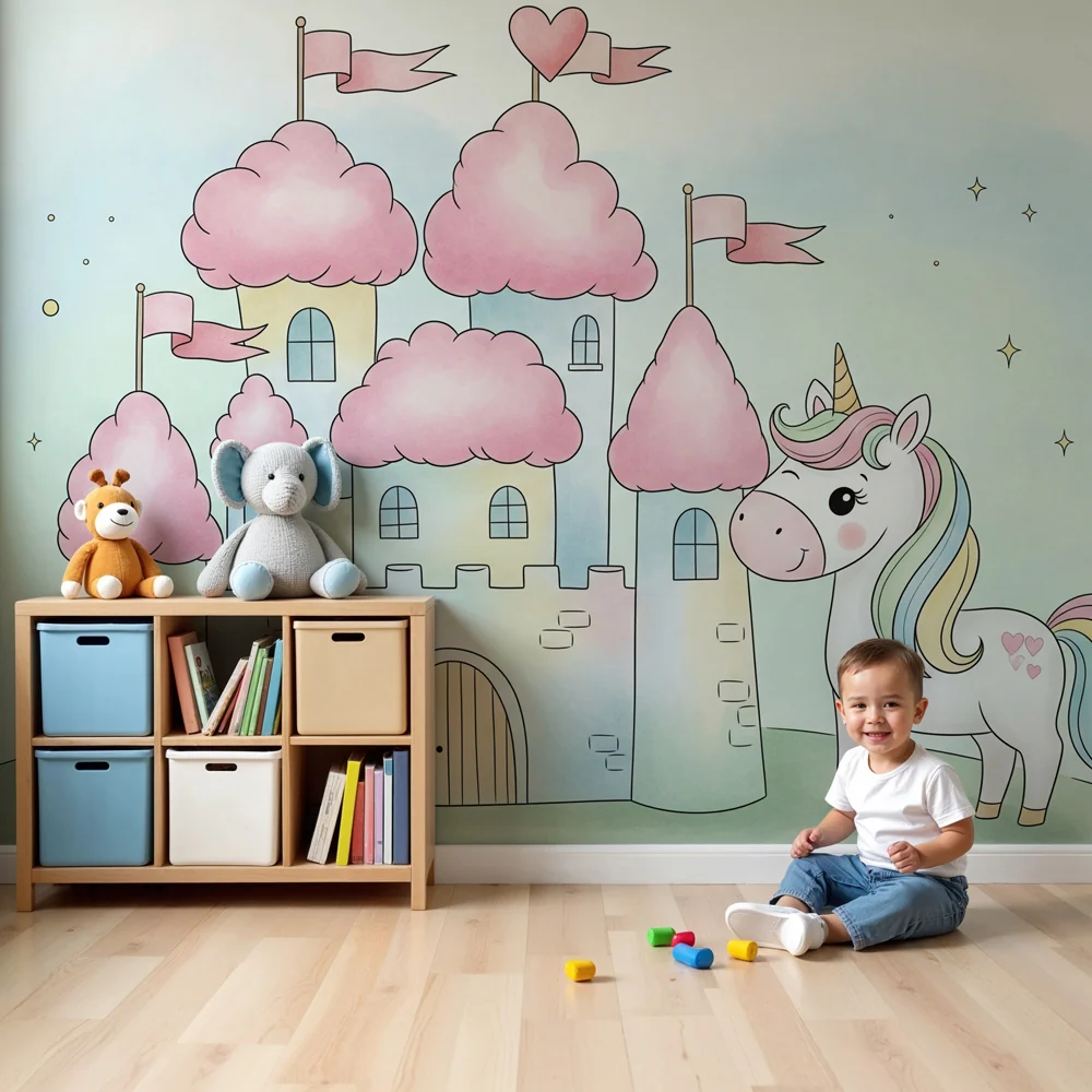 Papel de parede crianç | Castelo mágico e unicórnio mágico