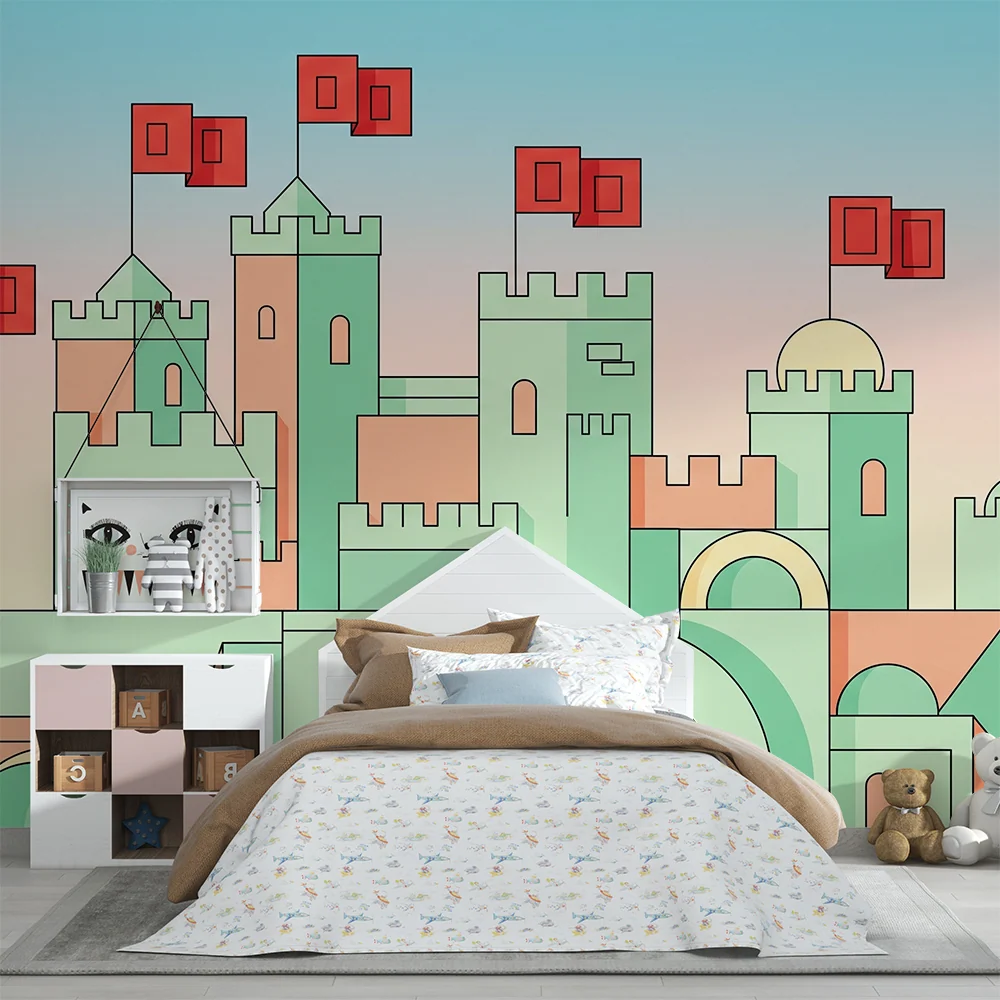 Papel de parede crianç | Castelos coloridos com bandeiras vibrantes