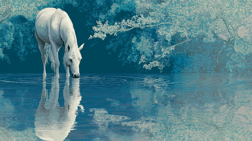 Papel de parede crianç | Cavalo branco tranquilo à beira da água