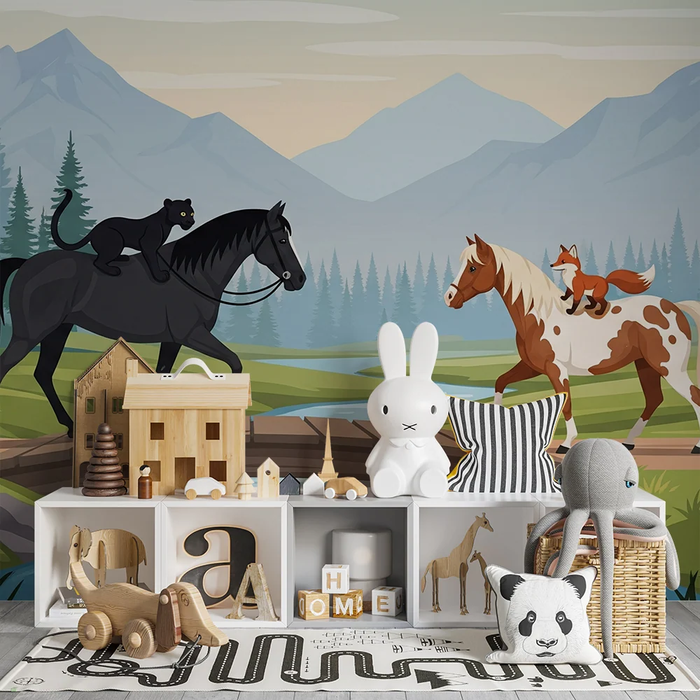 Papel de parede crianç | Cavalos e animais num cenário natural