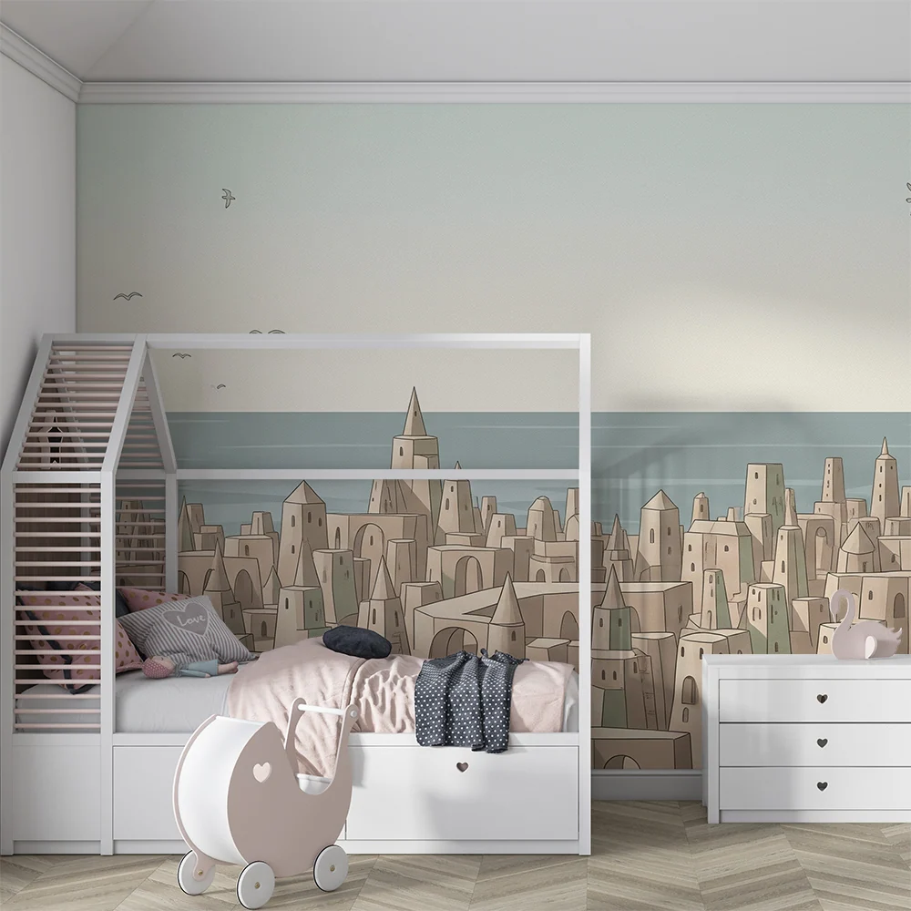 Papel de parede crianç | Cidade imaginária à beira-mar
