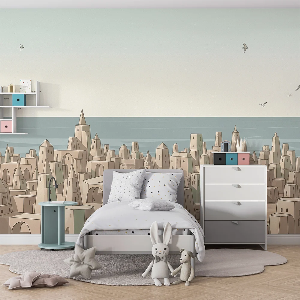 Papel de parede crianç | Cidade imaginária à beira-mar