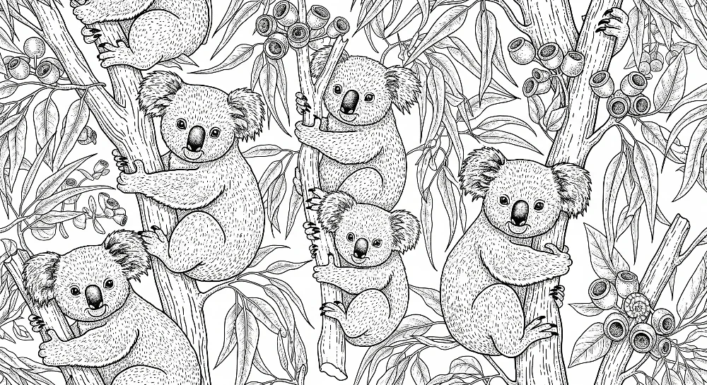 Papel de parede crianç | Coalas travessos numa floresta de eucaliptos