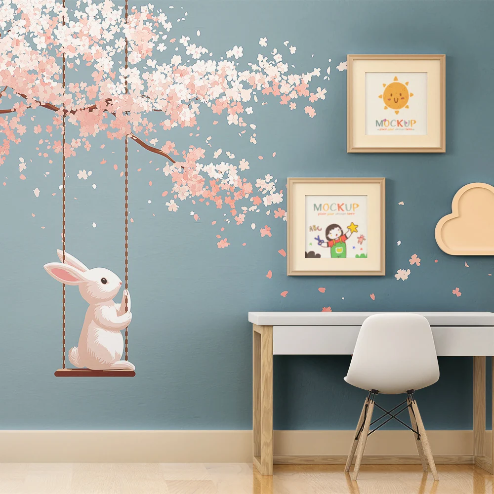 Papel de parede crianç | Coelho em um balanço sob uma cerejeira em flor