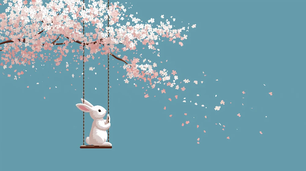 Papel de parede crianç | Coelho em um balanço sob uma cerejeira em flor