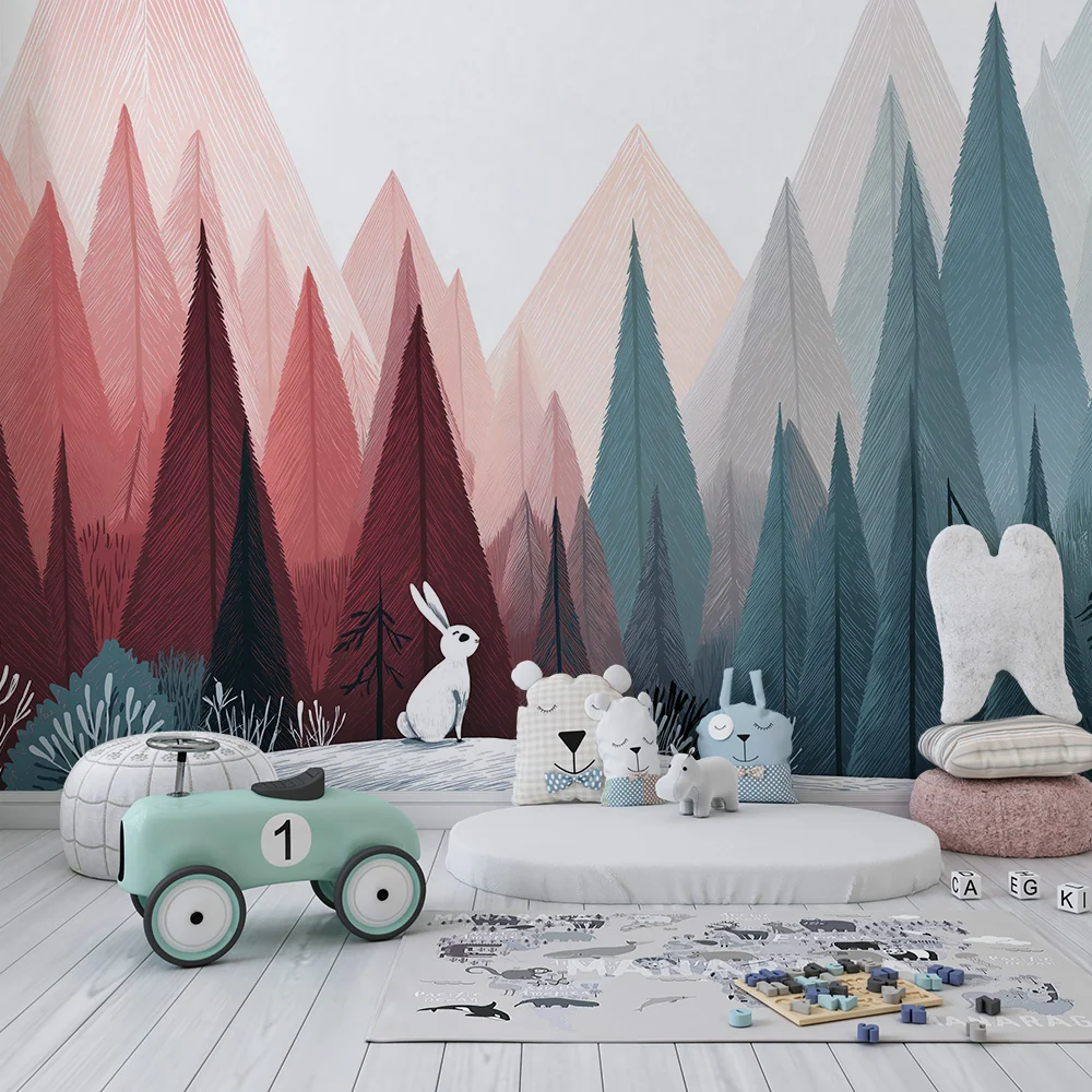 Papel de parede crianç | Coelho curioso numa floresta de montanhas coloridas