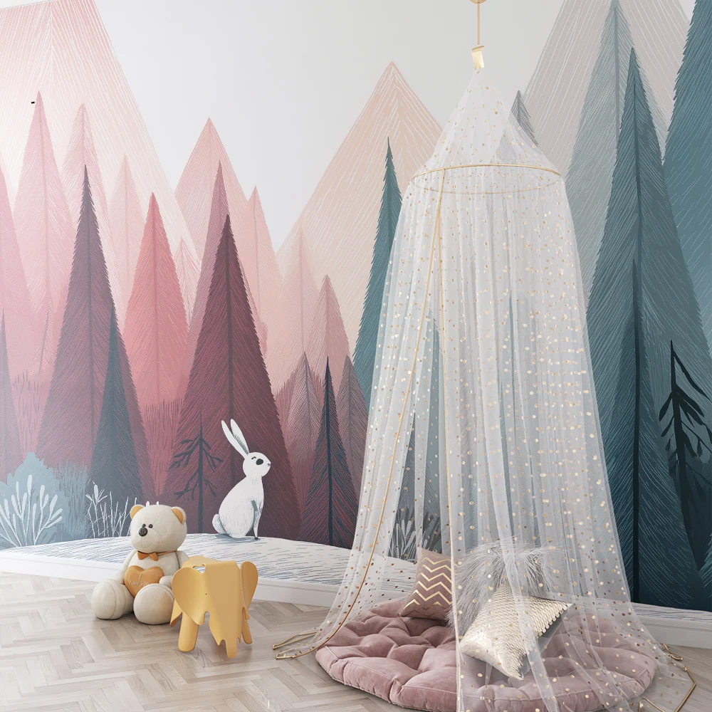 Papel de parede crianç | Coelho curioso numa floresta de montanhas coloridas