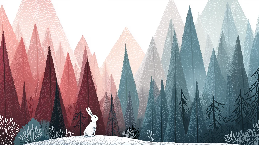 Papel de parede crianç | Coelho curioso numa floresta de montanhas coloridas