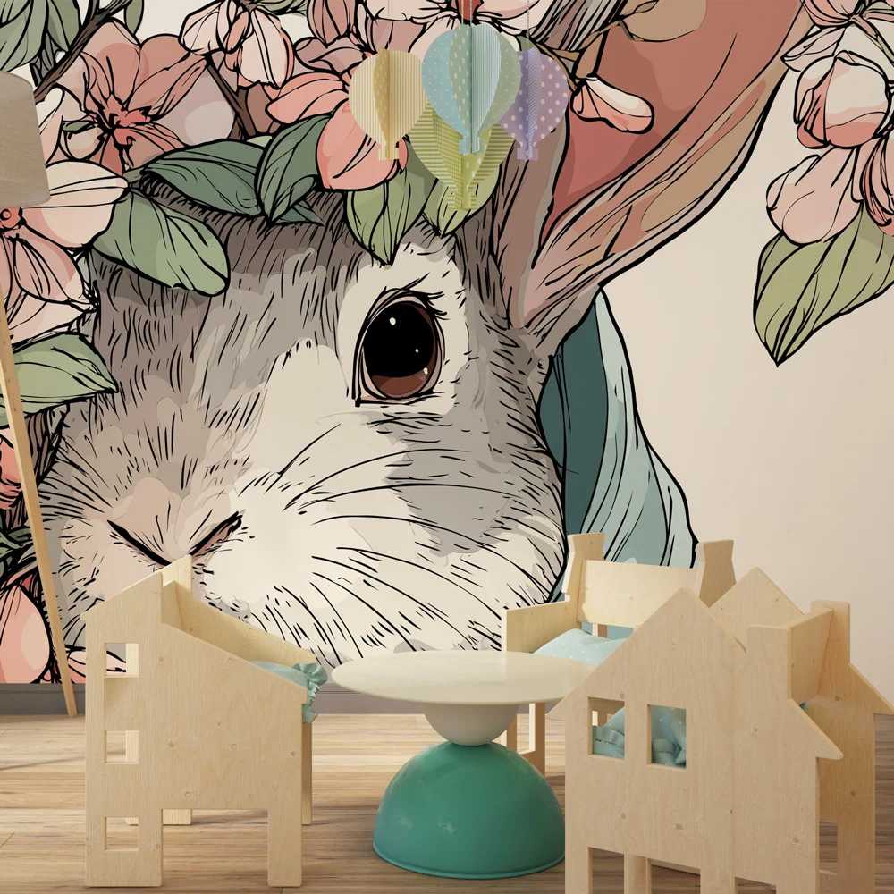 Papel de parede crianç | Coelho no meio das flores