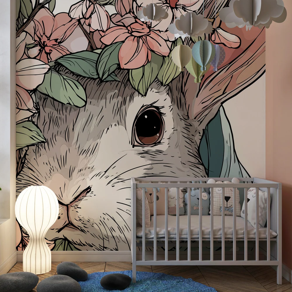 Papel de parede crianç | Coelho no meio das flores