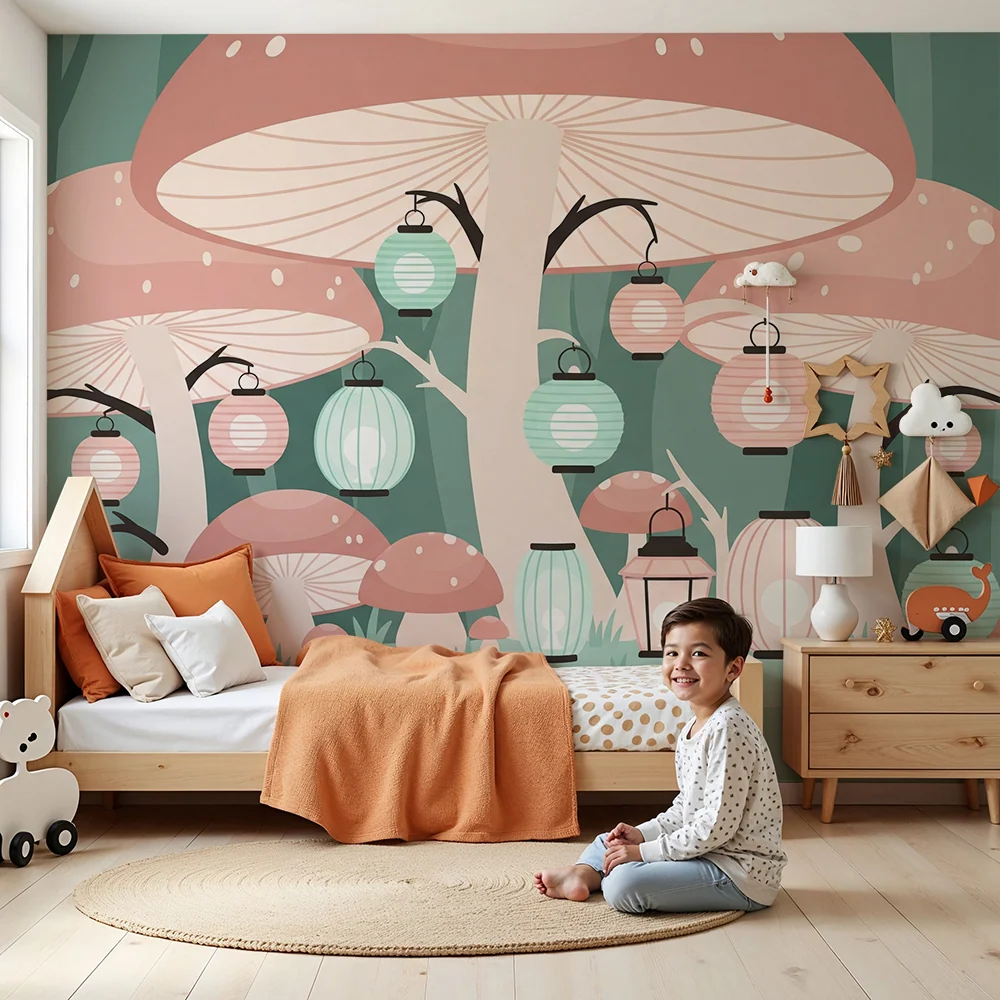 Papel de parede crianç | Cogumelos coloridos e lanternas mágicas em uma floresta encantada