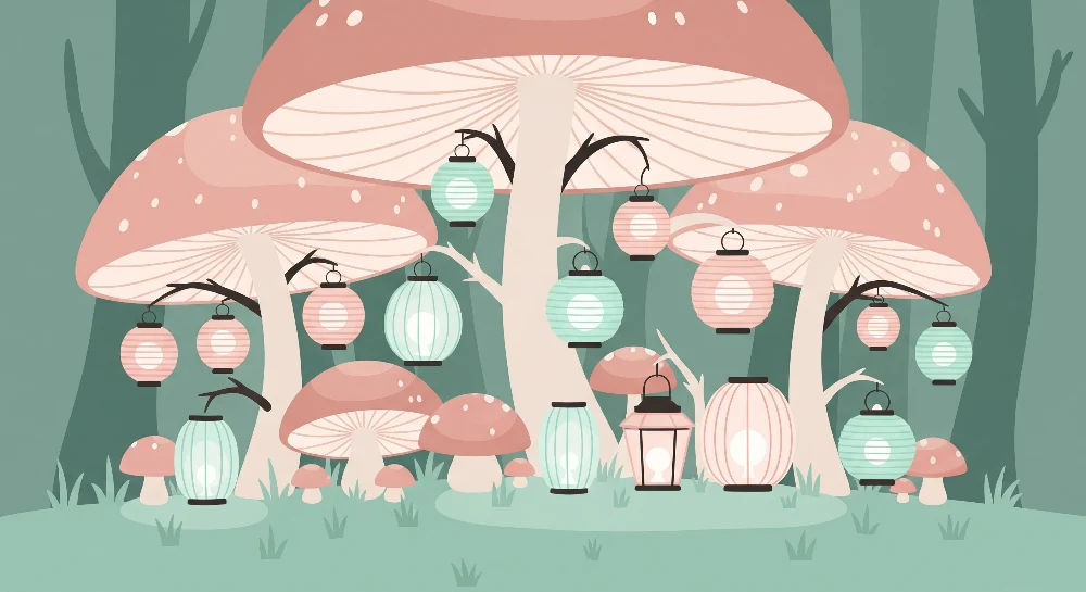 Papel de parede crianç | Cogumelos coloridos e lanternas mágicas em uma floresta encantada