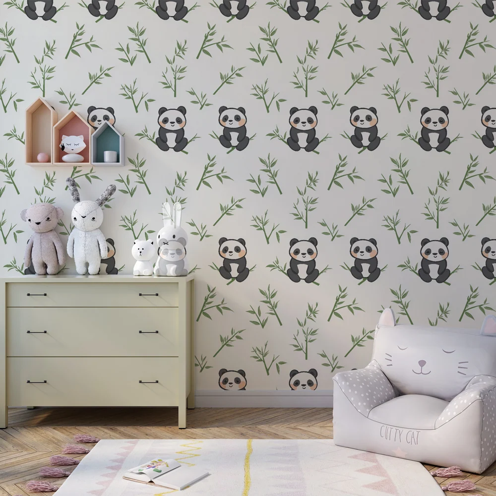 Papel de parede crianç com padrões | Adoráveis pandas e folhagem delicada