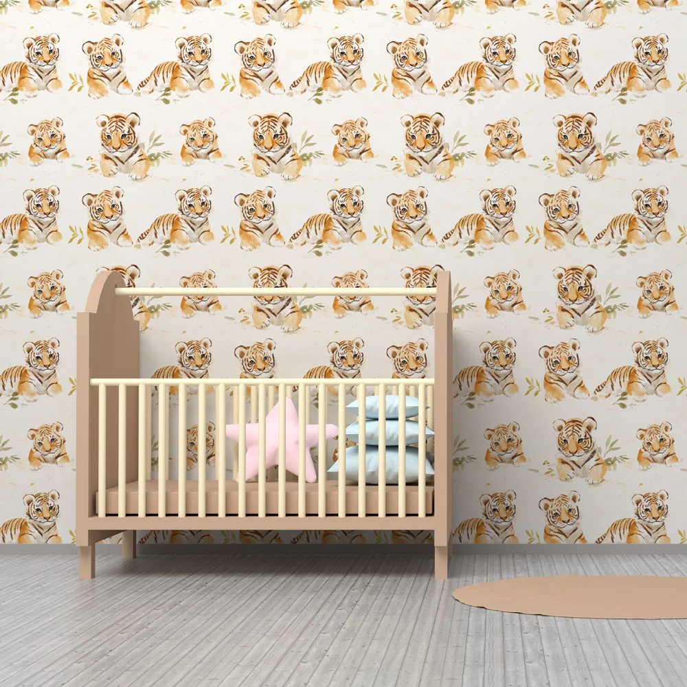 Papel de parede crianç com padrões | Adoráveis tigres em tons suaves