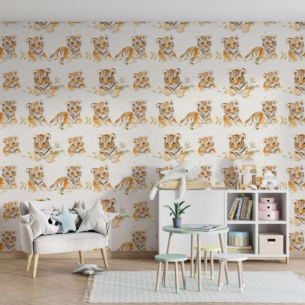 Papel de parede crianç com padrões | Adoráveis tigres em tons suaves