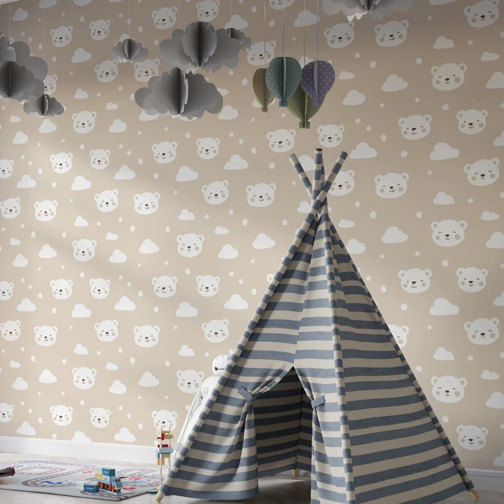 Papel de parede crianç com padrões | Adoráveis cabeças de ursos em fundo bege