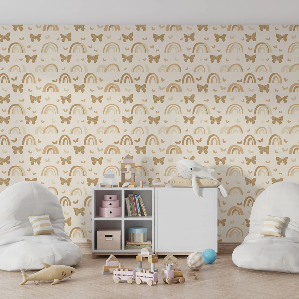 Papel de parede crianç com padrões | Arco-íris e borboletas douradas em fundo creme