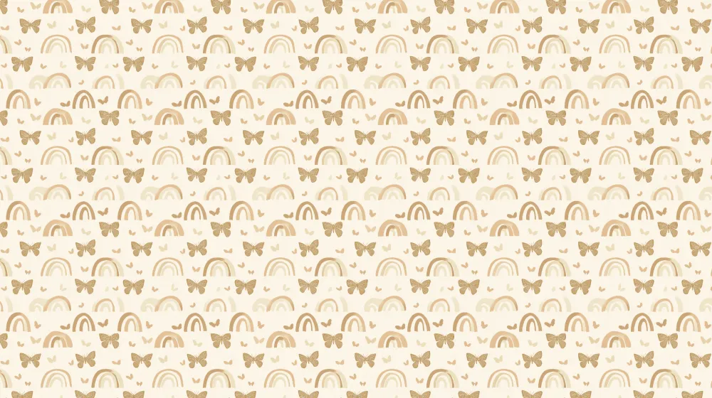 Papel de parede crianç com padrões | Arco-íris e borboletas douradas em fundo creme