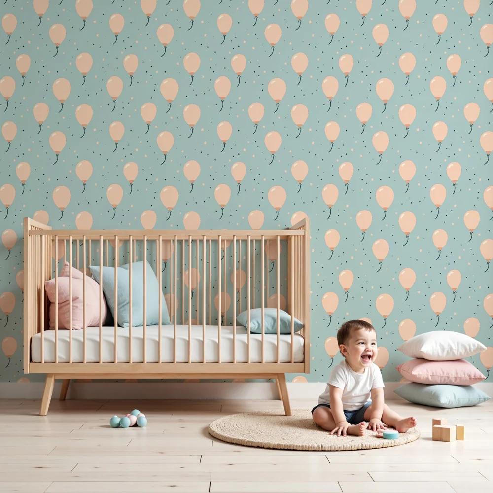 Papel de parede crianç com padrões | Balões cor-de-rosa em fundo azul