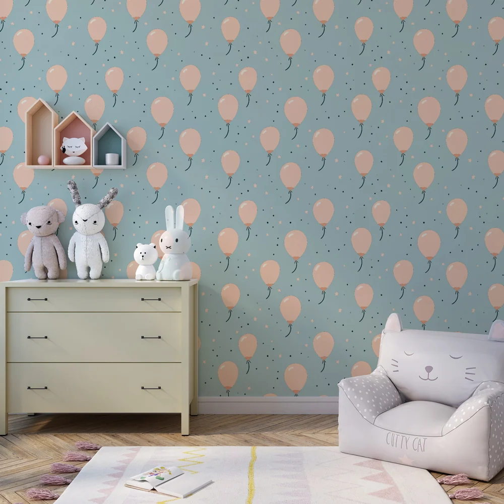 Papel de parede crianç com padrões | Balões cor-de-rosa em fundo azul